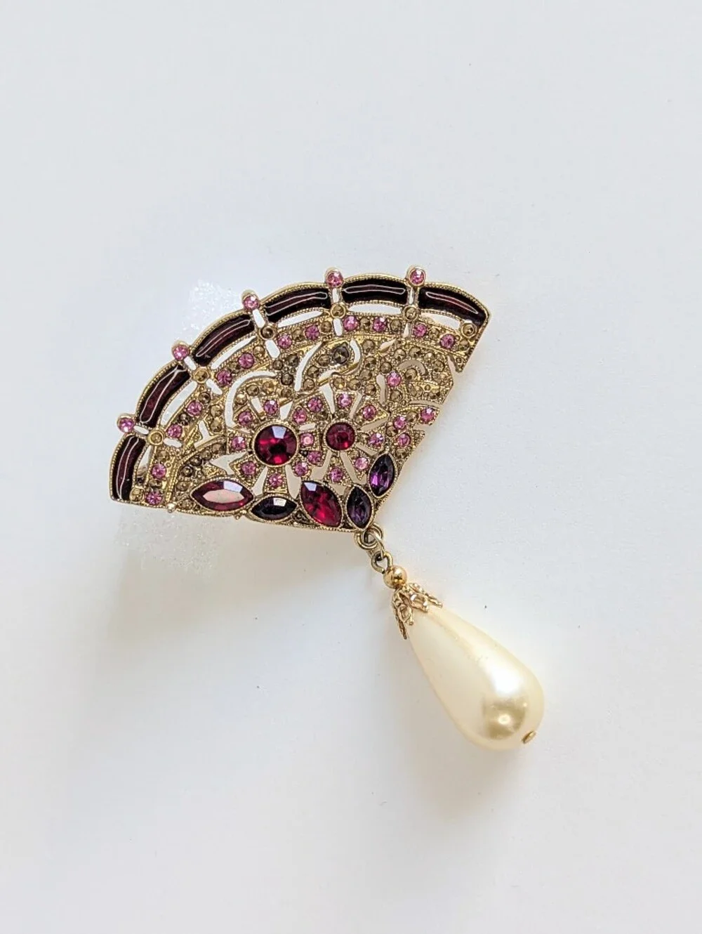 Vintage Art Deco Fan Brooch Pink Purple Rhinestones Faux Pearl Dangle Pin Gold